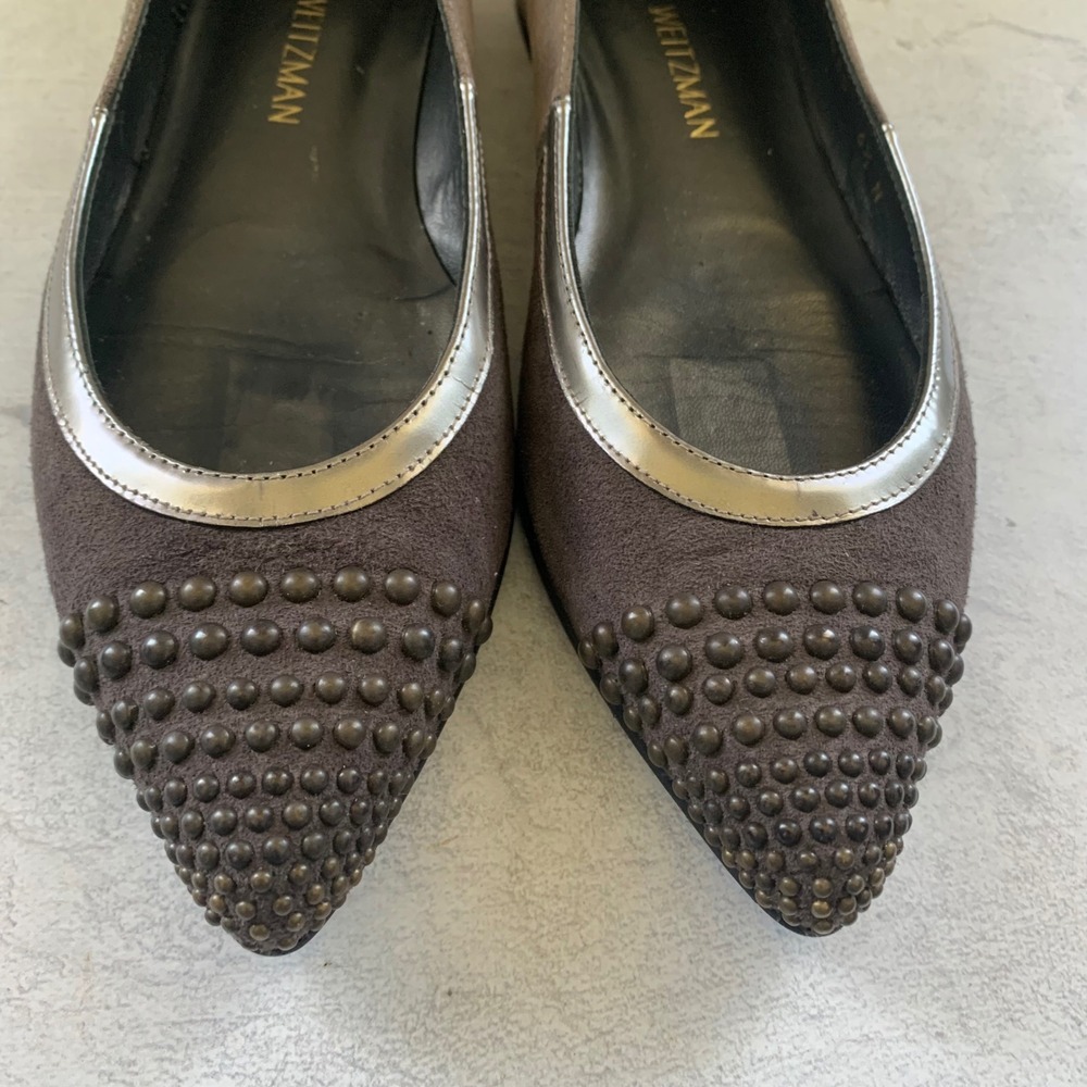 Stuart Weitzman 6.5‎ N Flats Taupe Suede Studded Pointed Toe Metallic UW 10085 - Picture 2 of 12
